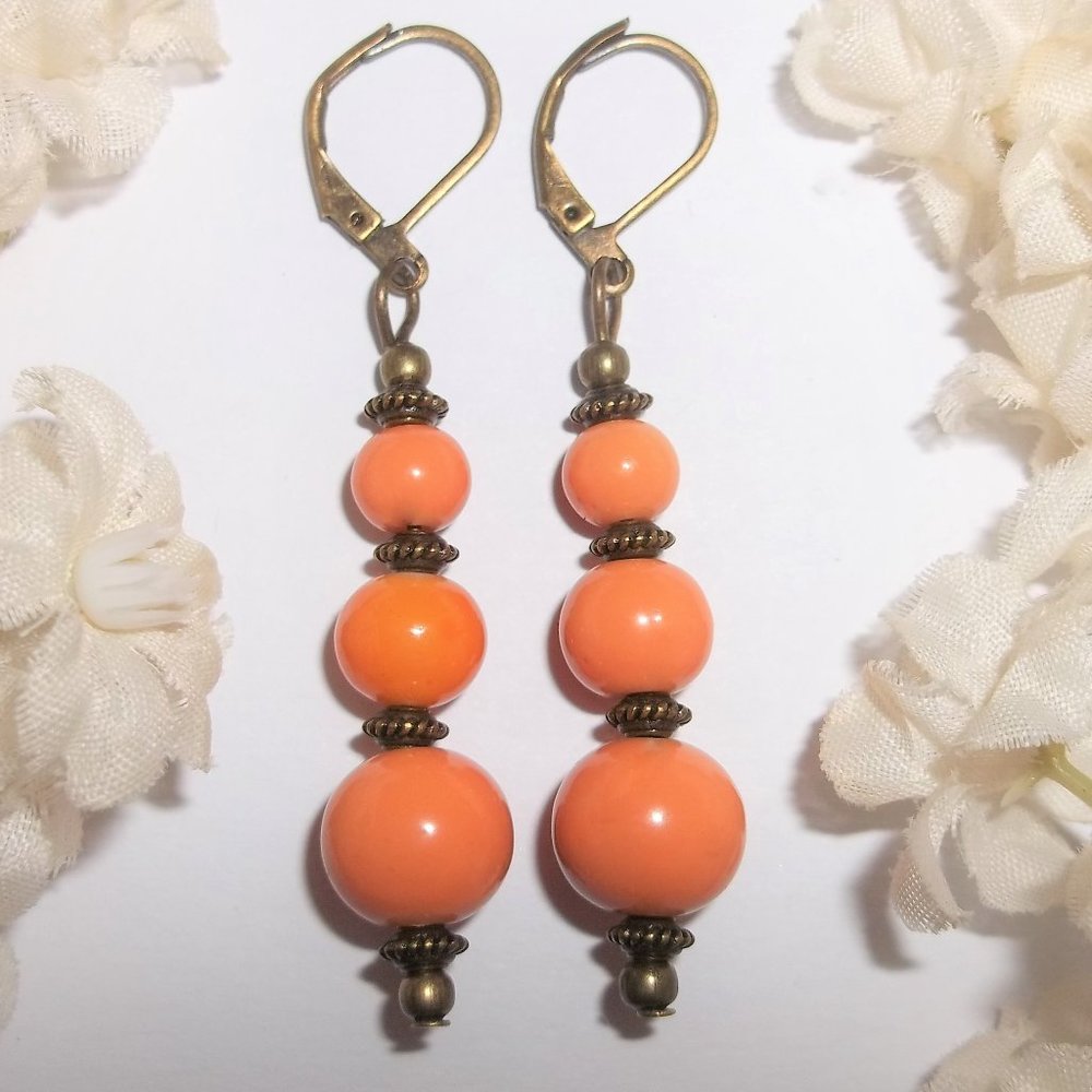 Cute Bronze and Orange Boho Beaded Dangle Earrings Set Pair Dangly Unique 6949